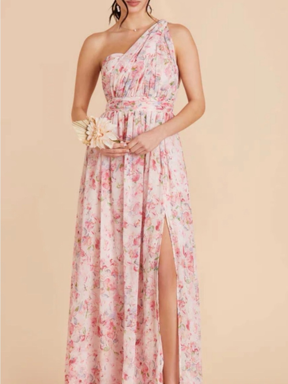 Birdy Grey Pink Floral One-Shoulder Chiffon Gown